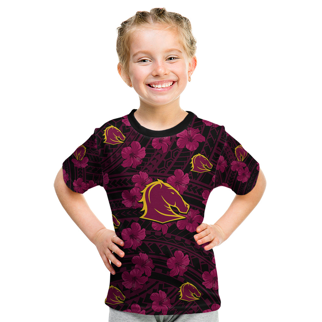 (Custom Text And Number) Broncos Rugby Kid T Shirt Polynesian Style With Hibiscus - Vibe Hoodie Shop