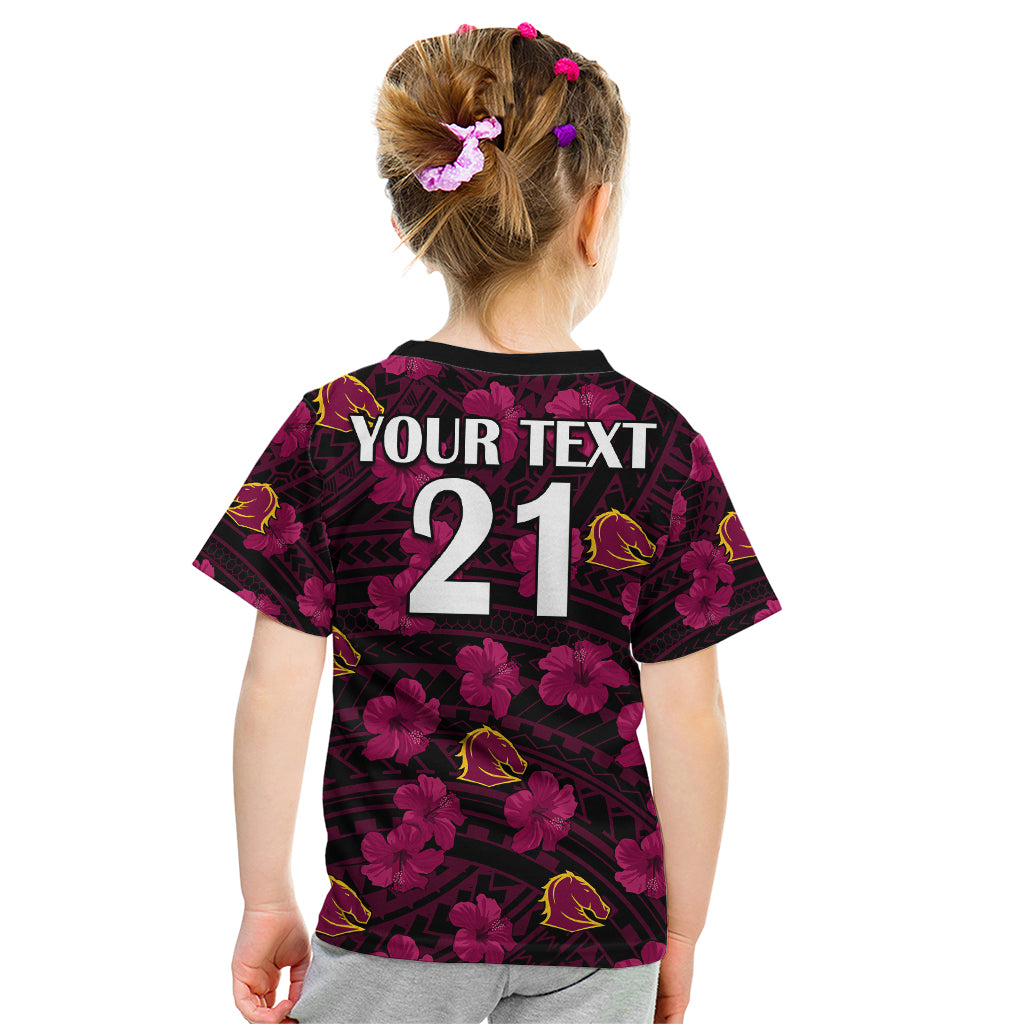 (Custom Text And Number) Broncos Rugby Kid T Shirt Polynesian Style With Hibiscus - Vibe Hoodie Shop