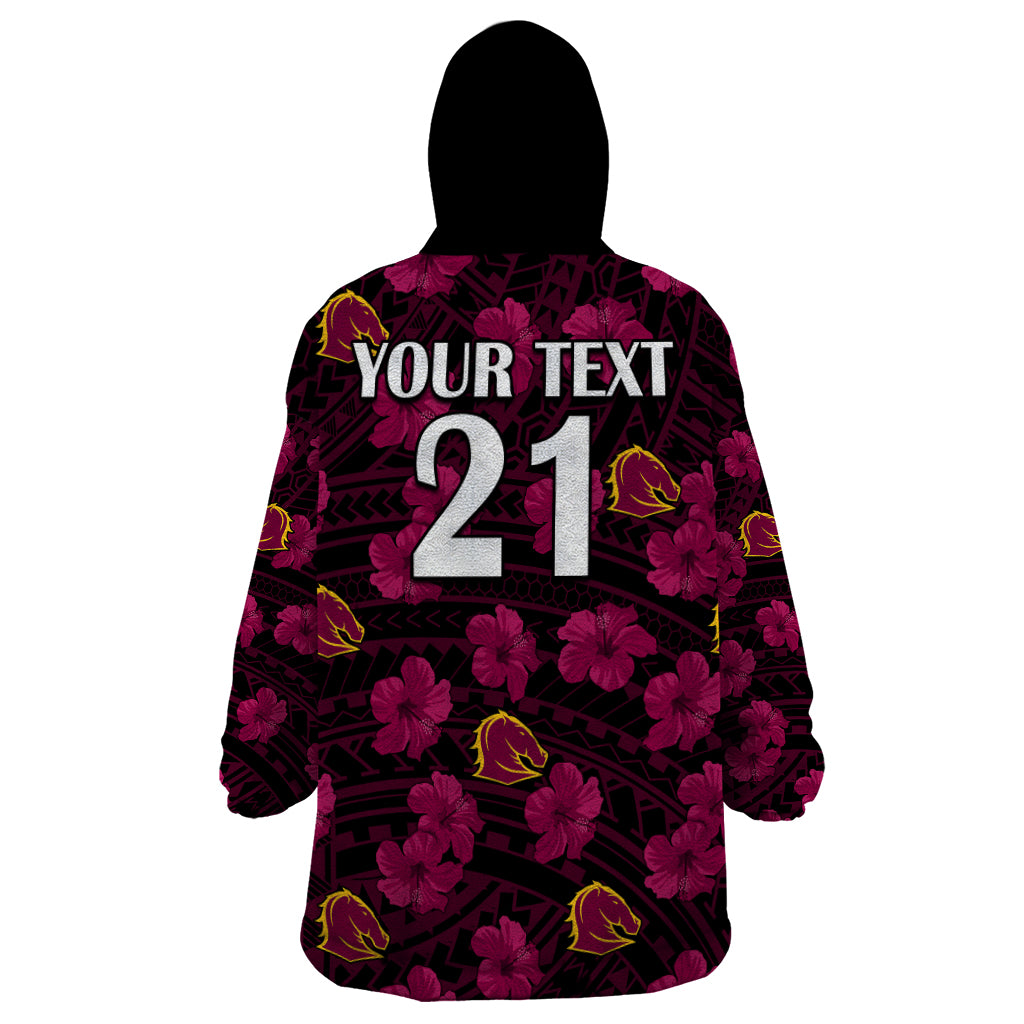 (Custom Text And Number) Broncos Rugby Wearable Blanket Hoodie Polynesian Style With Hibiscus - Vibe Hoodie Shop