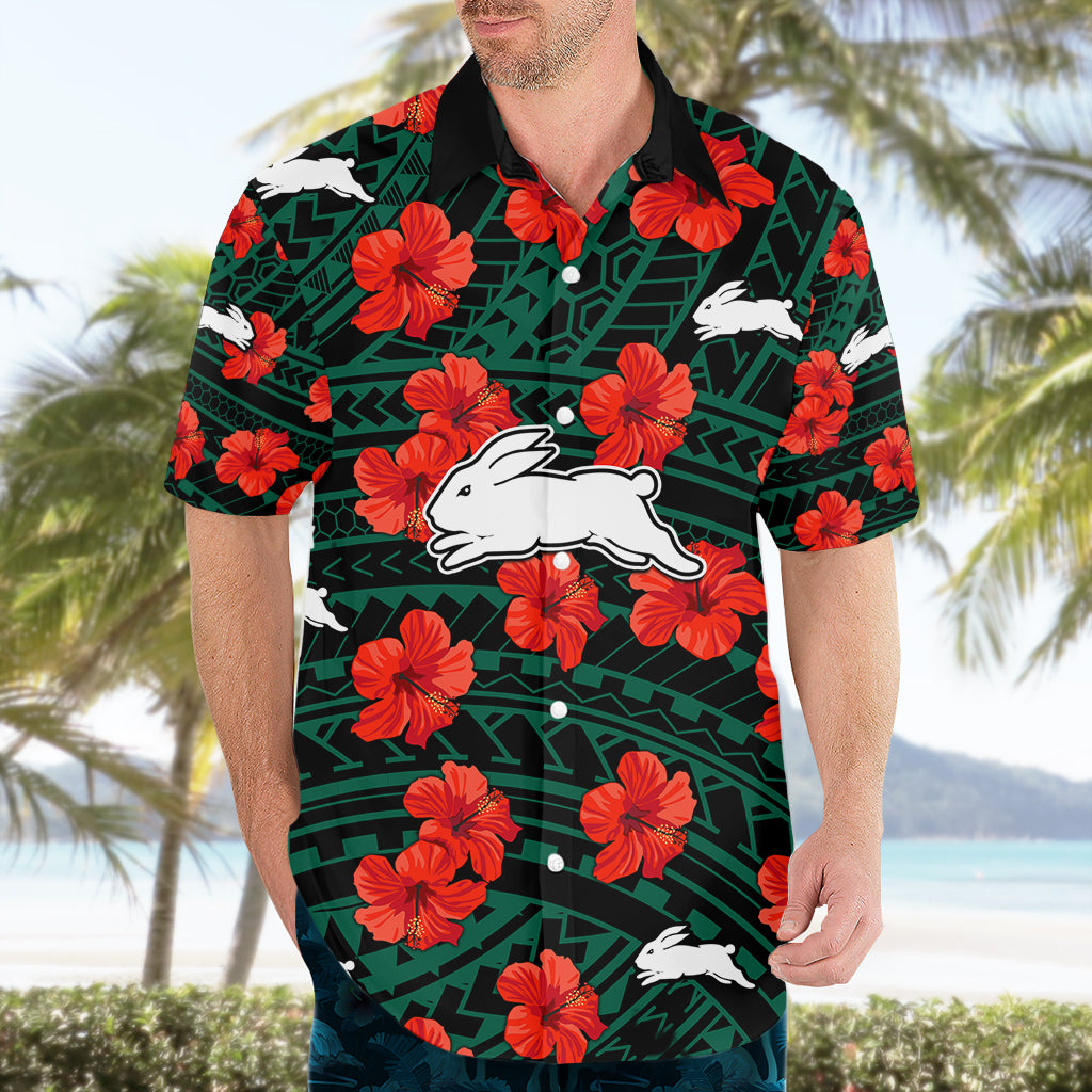 Rabbitohs Rugby Hawaiian Shirt Polynesian Style With Hibiscus - Vibe Hoodie Shop