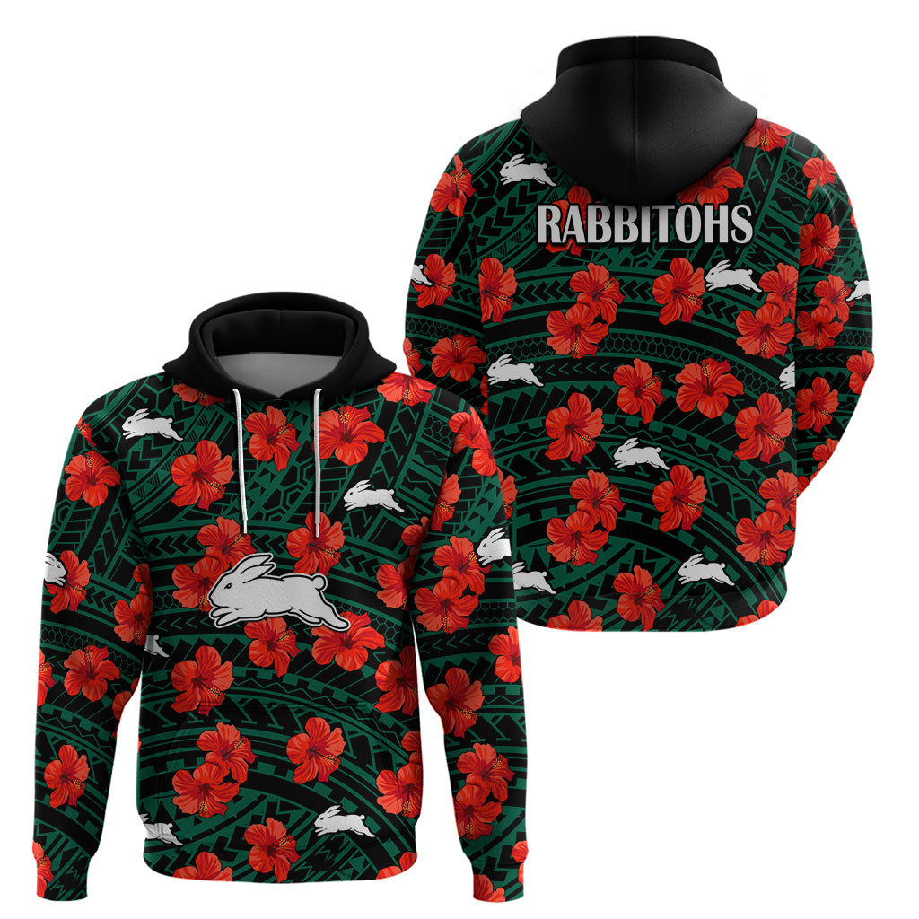 Rabbitohs Rugby Hoodie Polynesian Style With Hibiscus LT9 - Vibe Hoodie Shop
