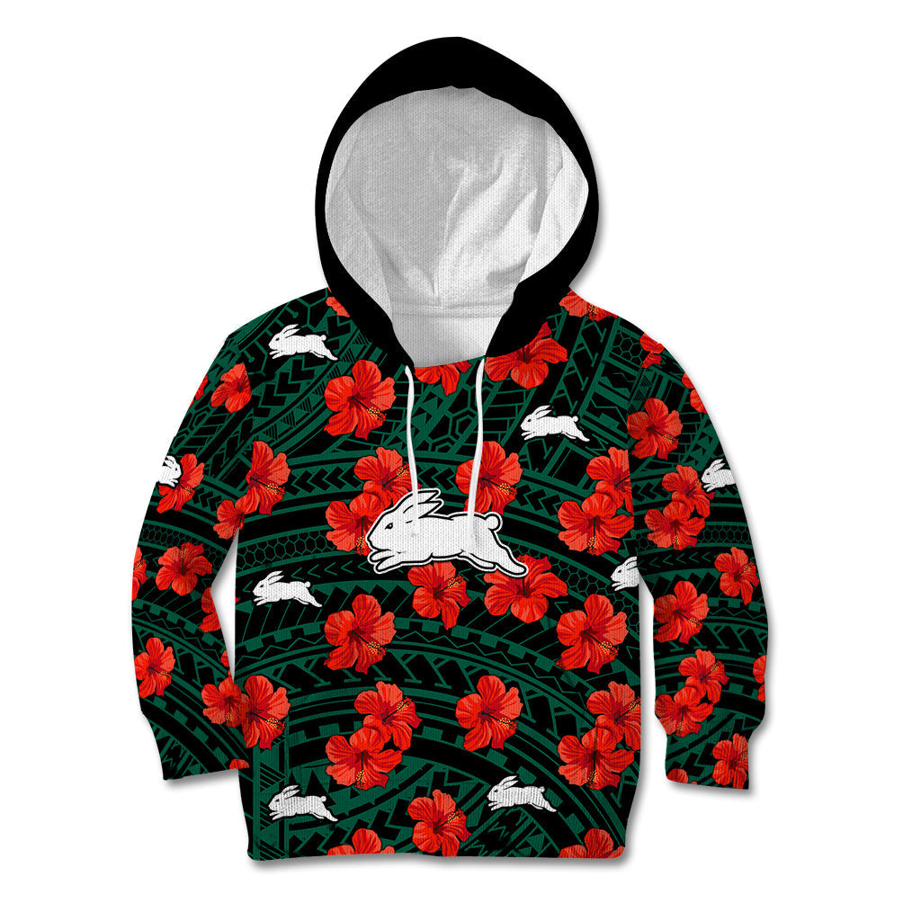 Rabbitohs Rugby Kid Hoodie Polynesian Style With Hibiscus - Vibe Hoodie Shop