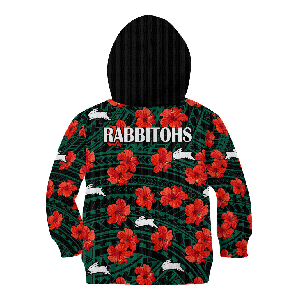 Rabbitohs Rugby Kid Hoodie Polynesian Style With Hibiscus - Vibe Hoodie Shop