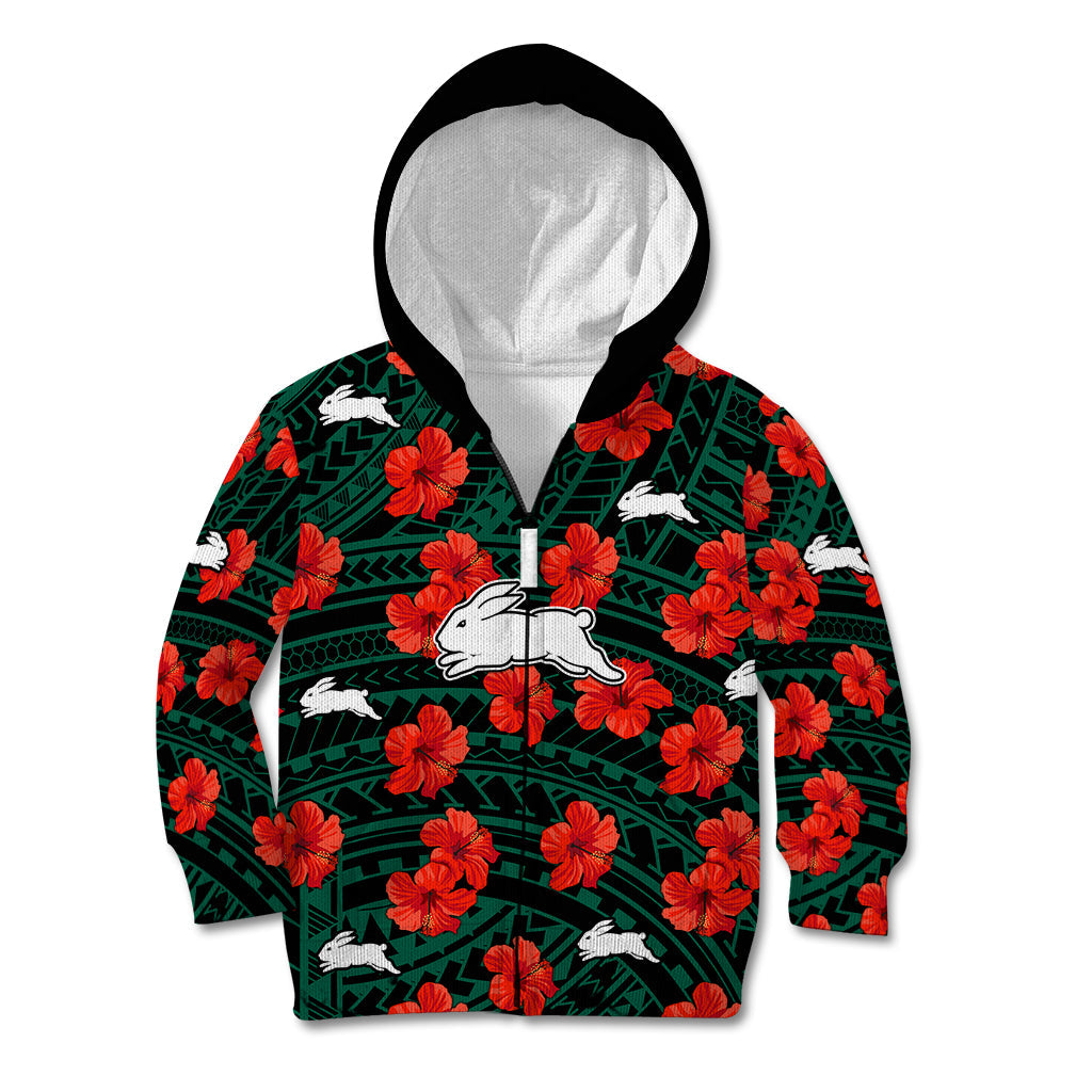 Rabbitohs Rugby Kid Hoodie Polynesian Style With Hibiscus - Vibe Hoodie Shop