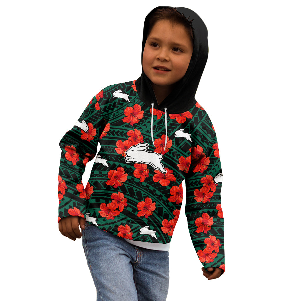 Rabbitohs Rugby Kid Hoodie Polynesian Style With Hibiscus - Vibe Hoodie Shop