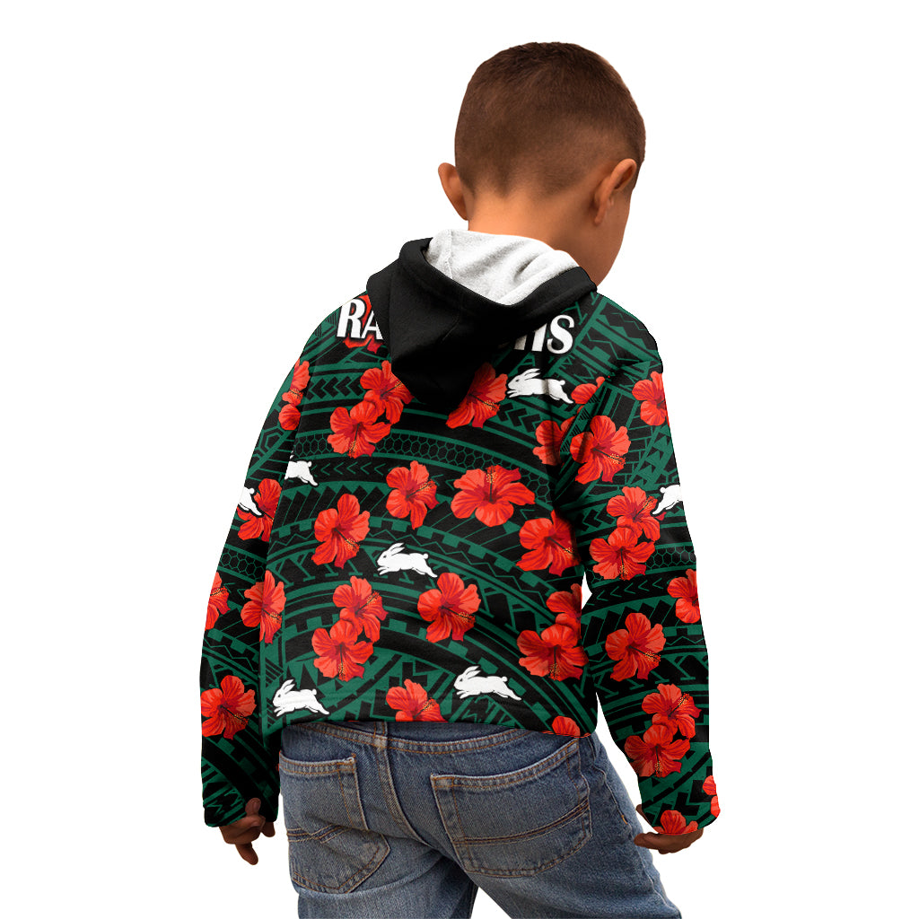 Rabbitohs Rugby Kid Hoodie Polynesian Style With Hibiscus - Vibe Hoodie Shop