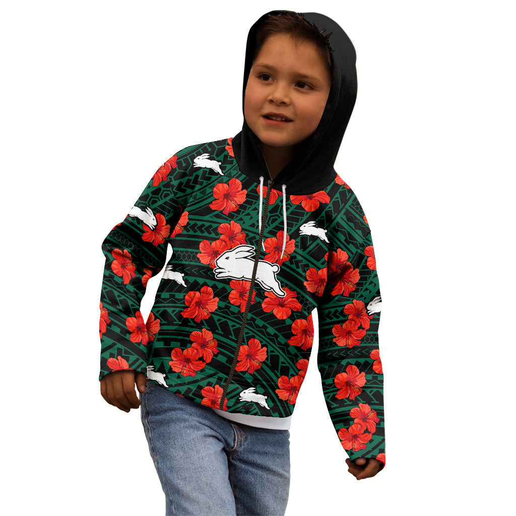 Rabbitohs Rugby Kid Hoodie Polynesian Style With Hibiscus - Vibe Hoodie Shop