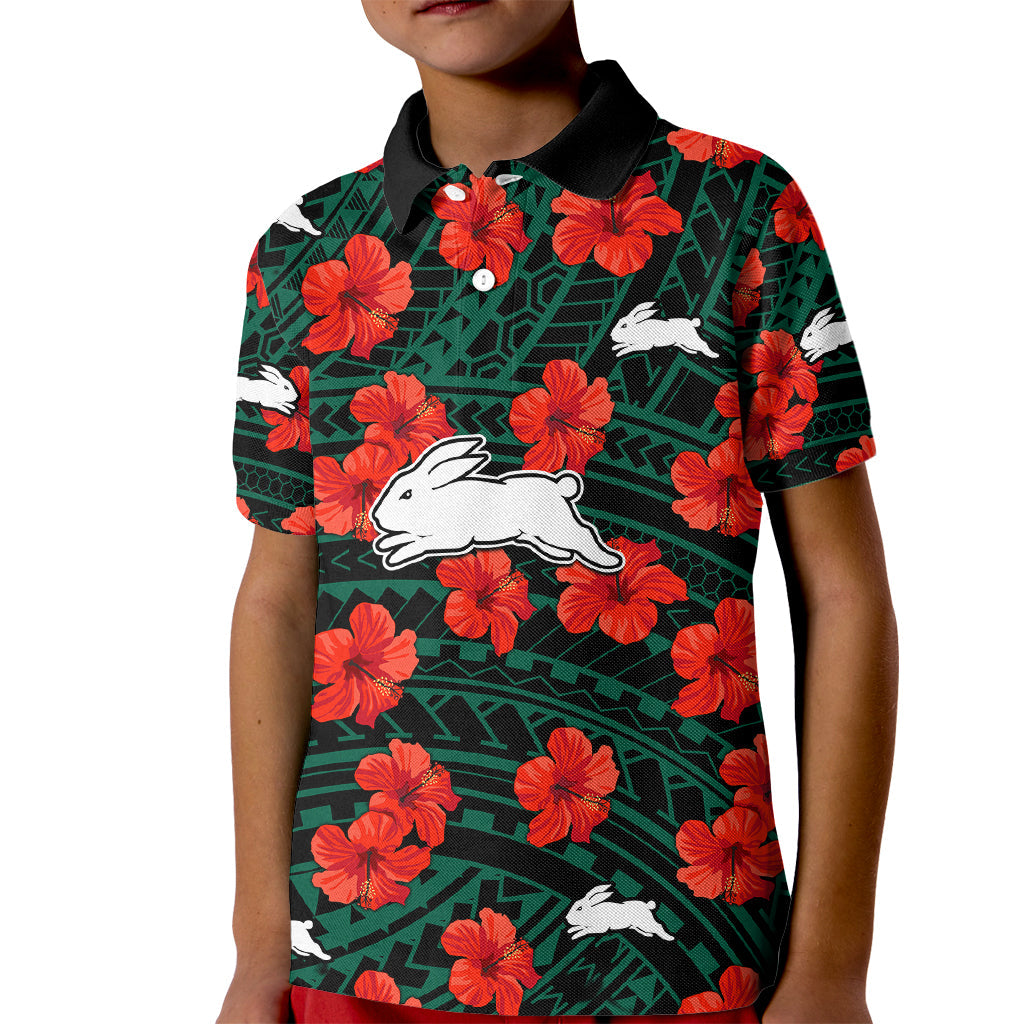 Rabbitohs Rugby Kid Polo Shirt Polynesian Style With Hibiscus - Vibe Hoodie Shop