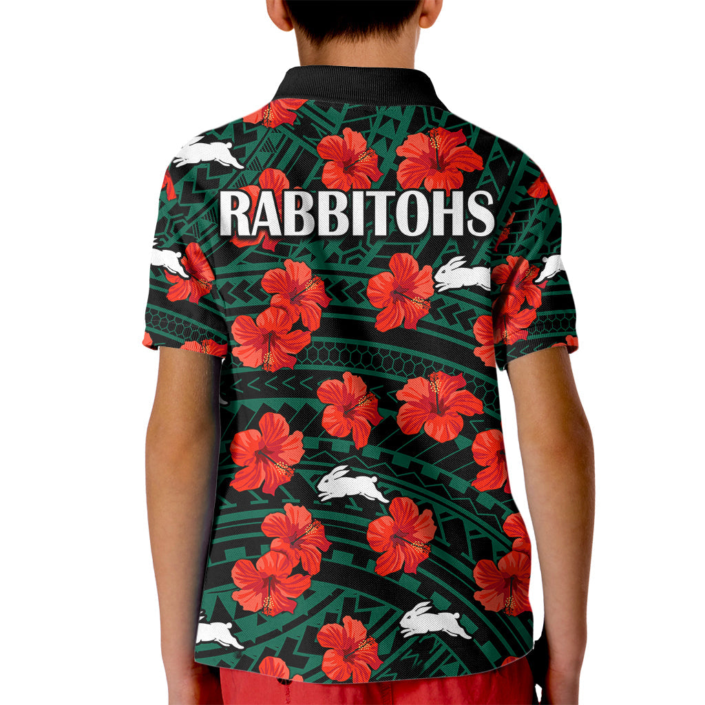Rabbitohs Rugby Kid Polo Shirt Polynesian Style With Hibiscus - Vibe Hoodie Shop