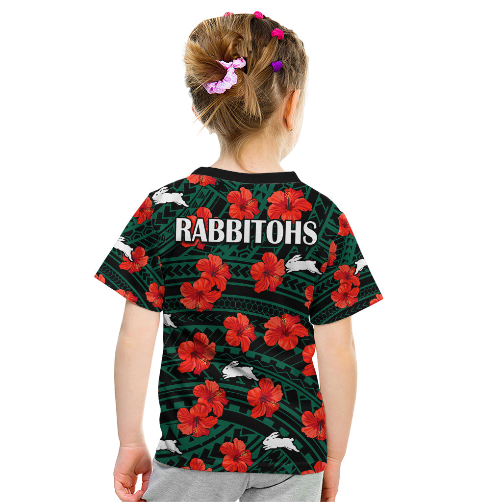 Rabbitohs Rugby Kid T Shirt Polynesian Style With Hibiscus - Vibe Hoodie Shop