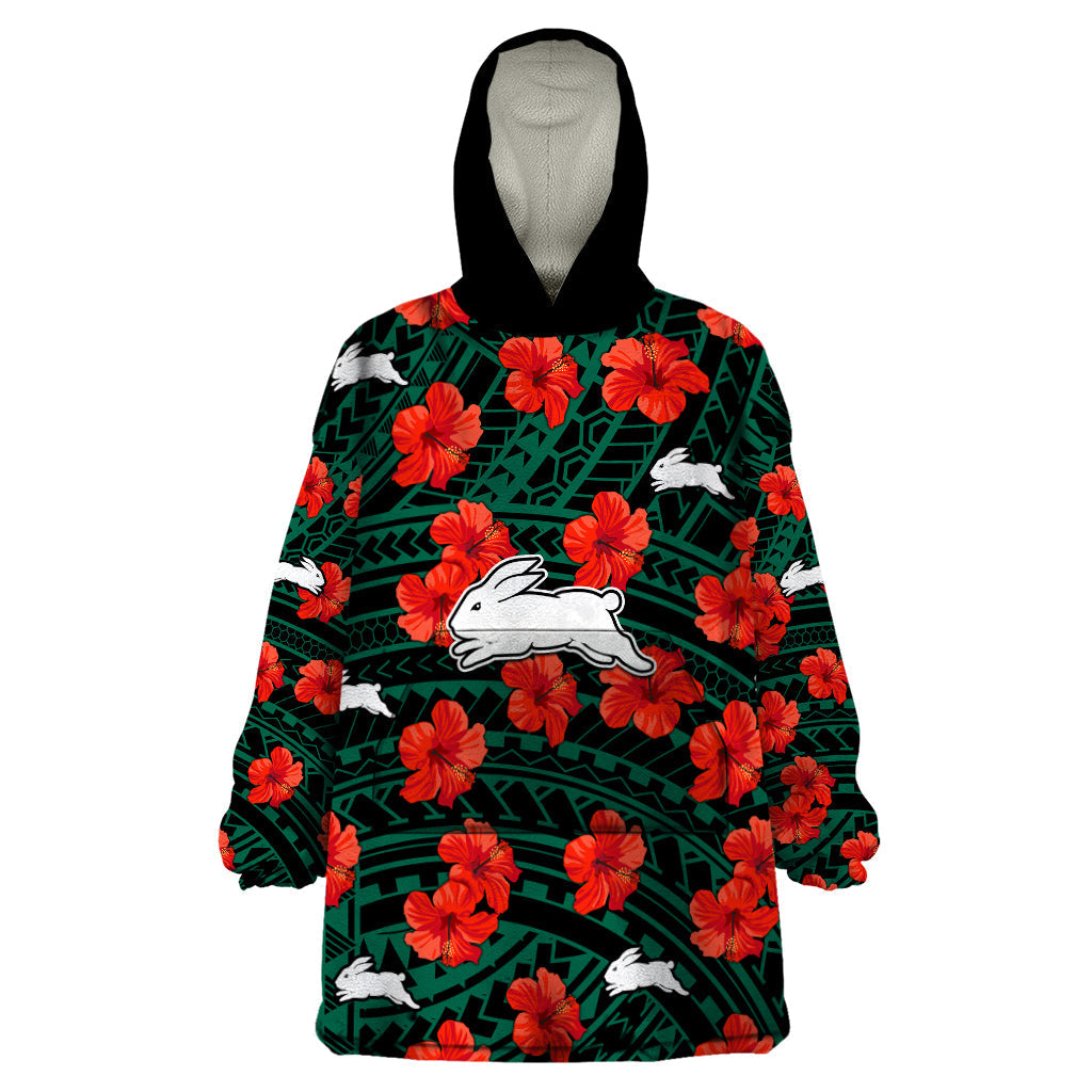 Rabbitohs Rugby Wearable Blanket Hoodie Polynesian Style With Hibiscus - Vibe Hoodie Shop