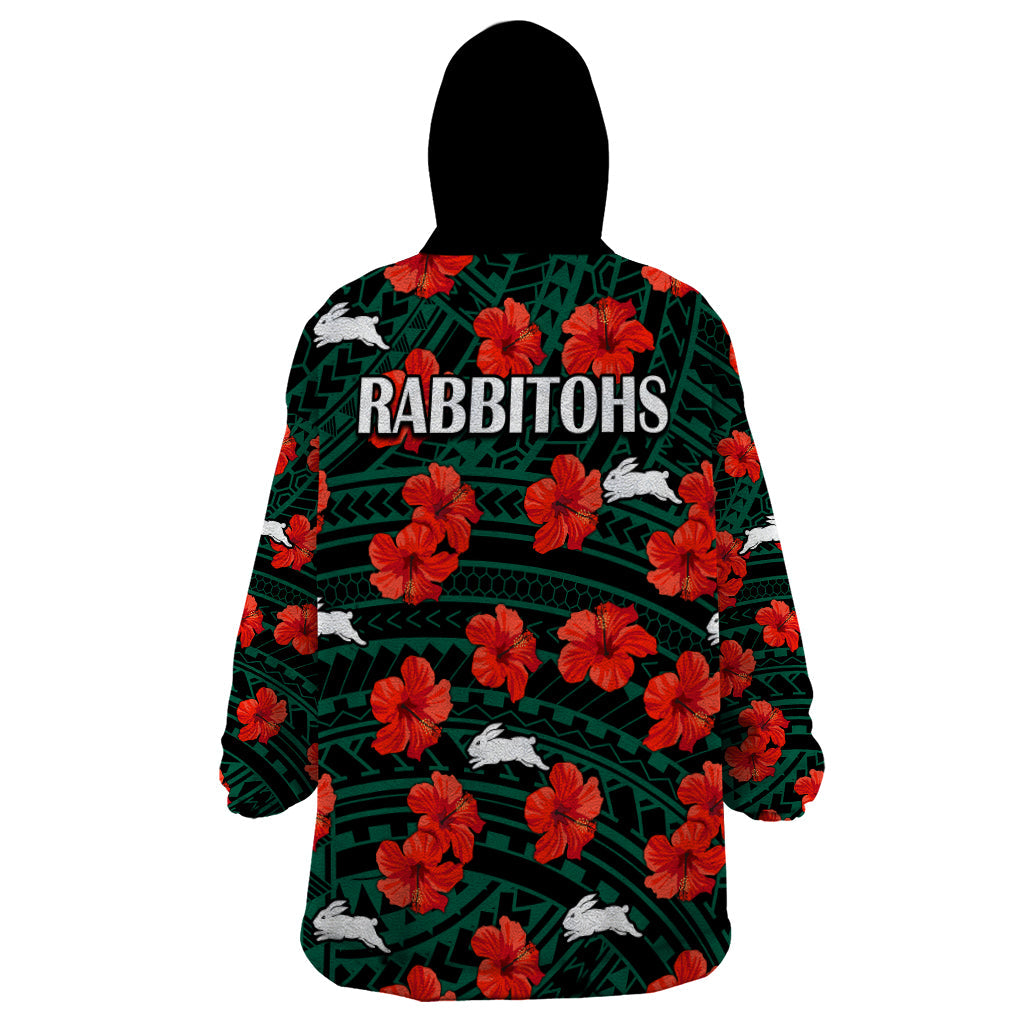 Rabbitohs Rugby Wearable Blanket Hoodie Polynesian Style With Hibiscus - Vibe Hoodie Shop