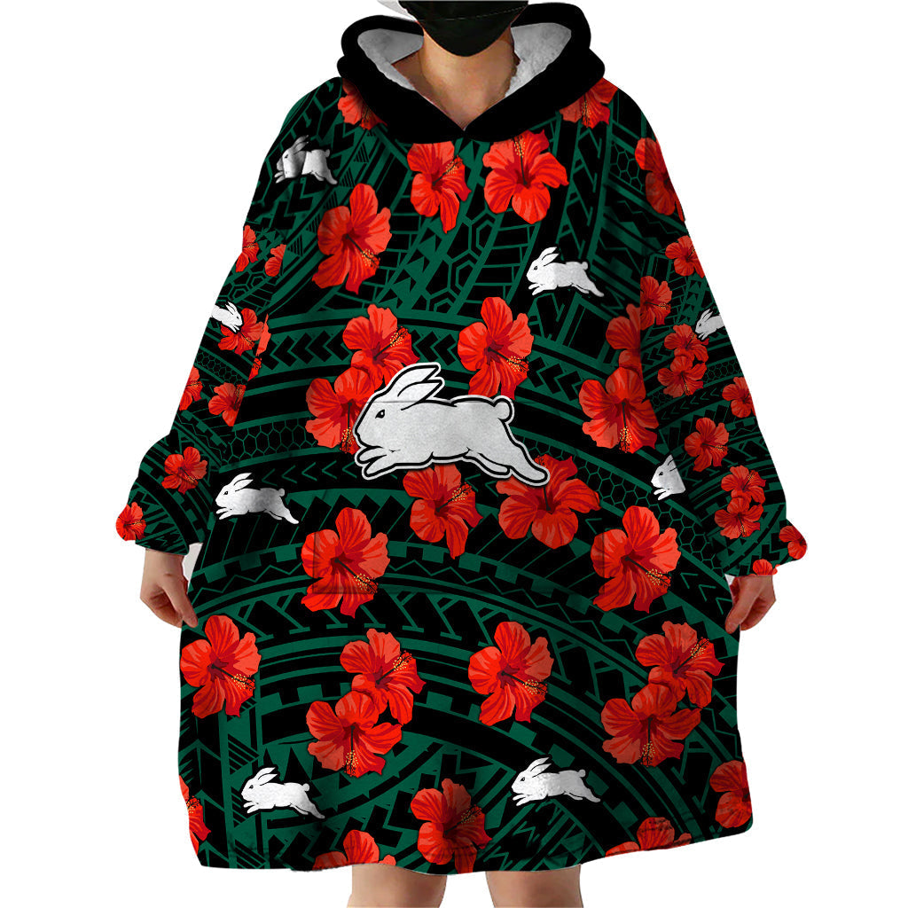 Rabbitohs Rugby Wearable Blanket Hoodie Polynesian Style With Hibiscus - Vibe Hoodie Shop