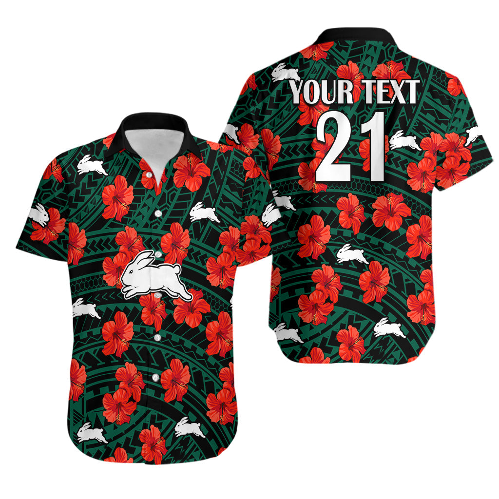 (Custom Text And Number) Rabbitohs Rugby Hawaiian Shirt Polynesian Style With Hibiscus - Vibe Hoodie Shop