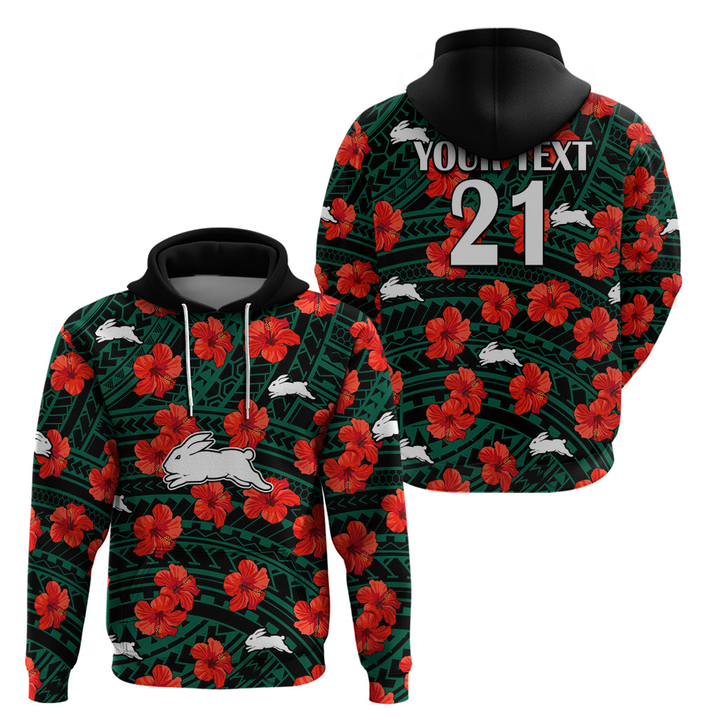 (Custom Text And Number) Rabbitohs Rugby Hoodie Polynesian Style With Hibiscus LT9 - Vibe Hoodie Shop