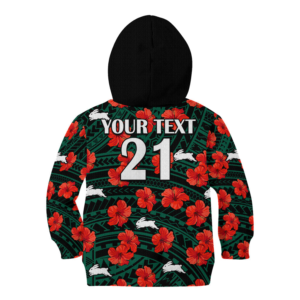 (Custom Text And Number) Rabbitohs Rugby Kid Hoodie Polynesian Style With Hibiscus - Vibe Hoodie Shop