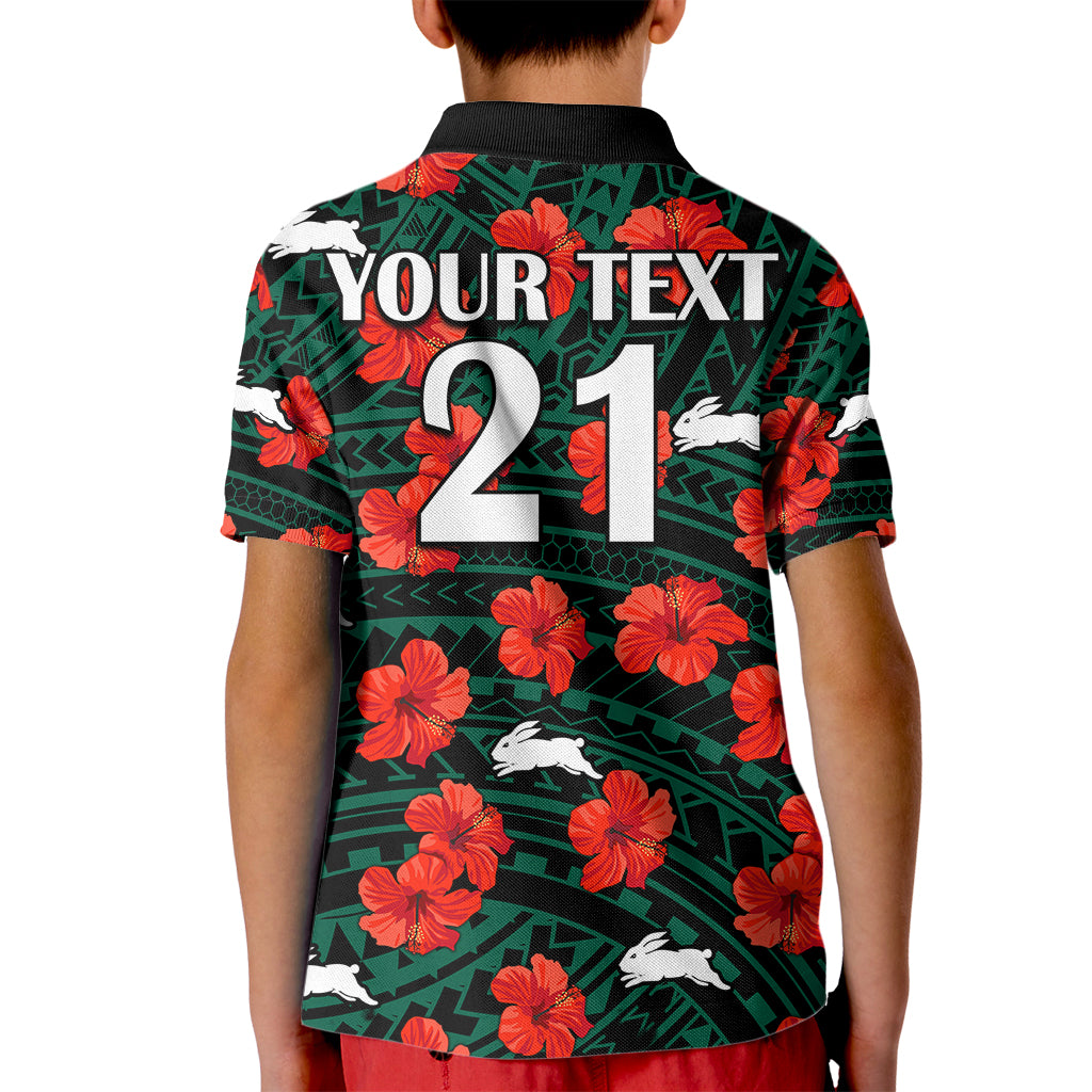 (Custom Text And Number) Rabbitohs Rugby Kid Polo Shirt Polynesian Style With Hibiscus - Vibe Hoodie Shop