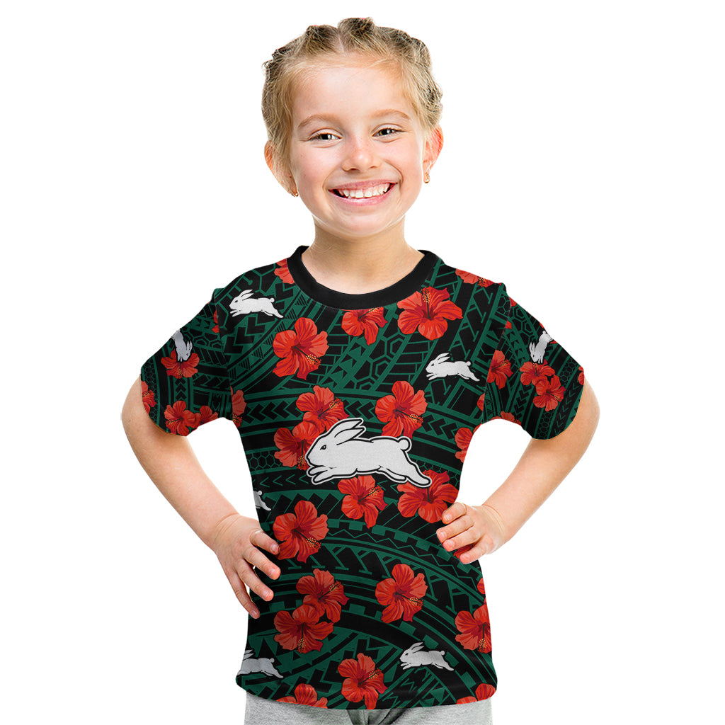 (Custom Text And Number) Rabbitohs Rugby Kid T Shirt Polynesian Style With Hibiscus - Vibe Hoodie Shop