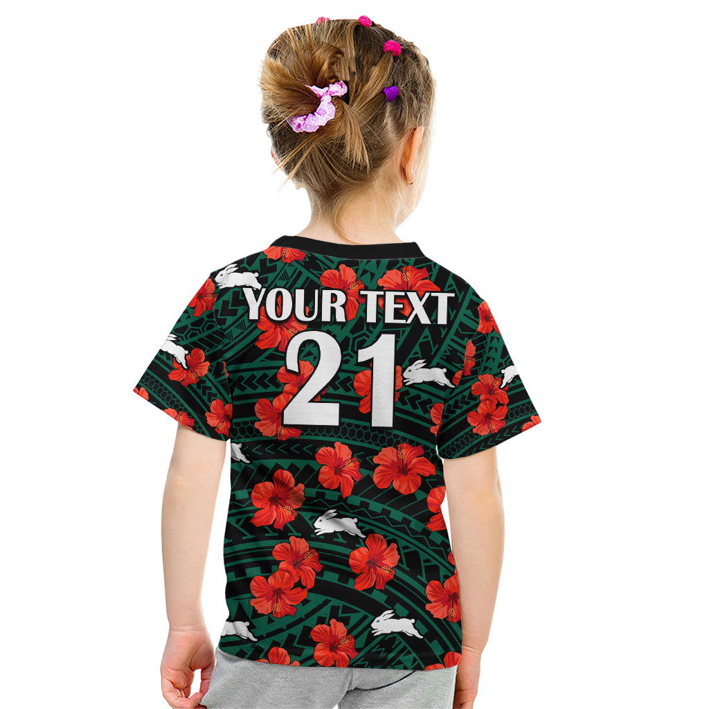 (Custom Text And Number) Rabbitohs Rugby Kid T Shirt Polynesian Style With Hibiscus - Vibe Hoodie Shop