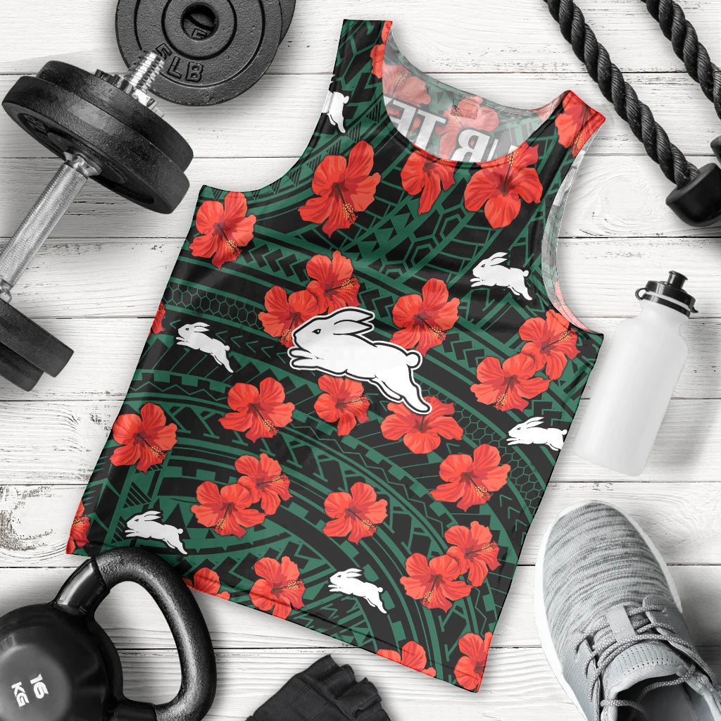 (Custom Text And Number) Rabbitohs Rugby Men Tank Top Polynesian Style With Hibiscus - Vibe Hoodie Shop