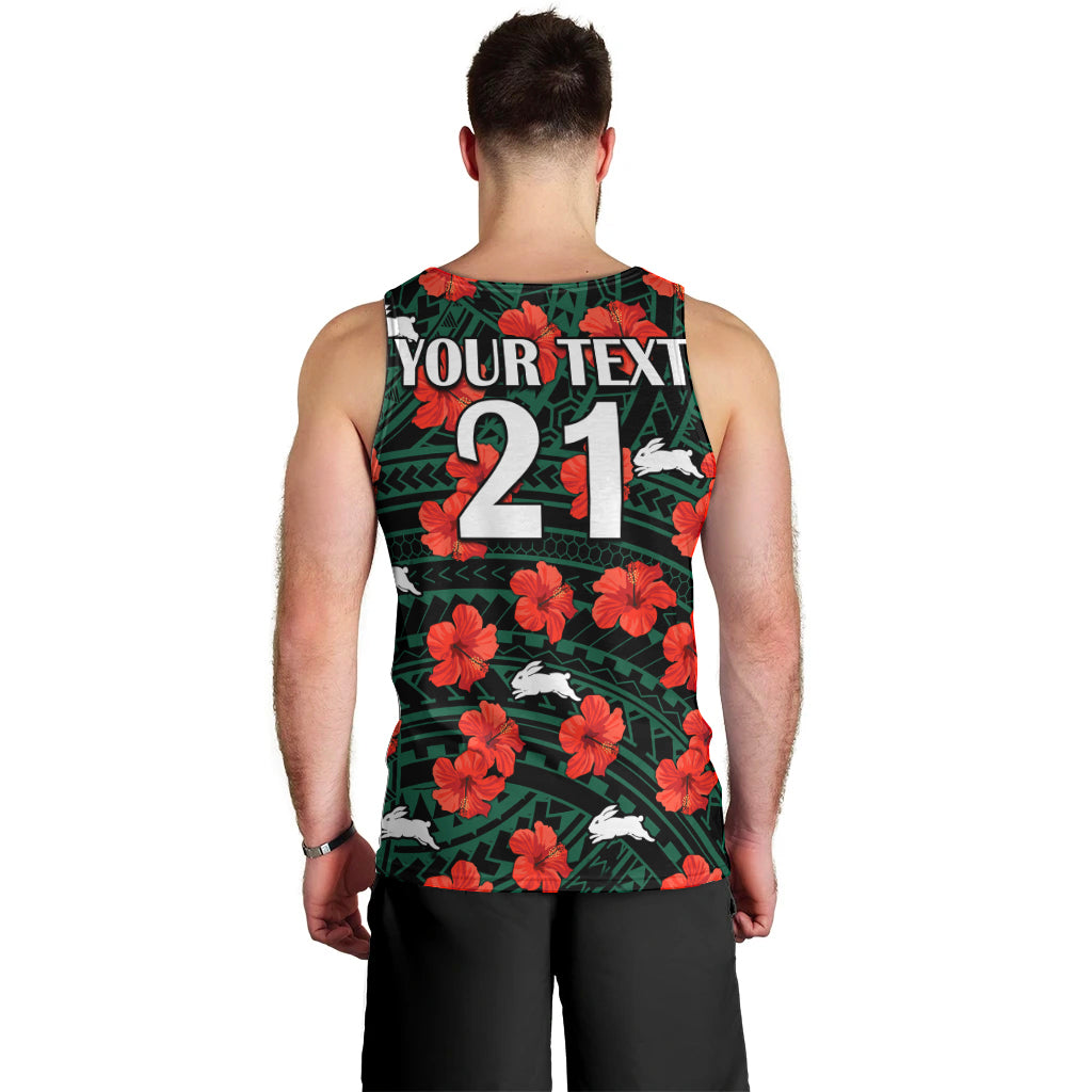 (Custom Text And Number) Rabbitohs Rugby Men Tank Top Polynesian Style With Hibiscus - Vibe Hoodie Shop