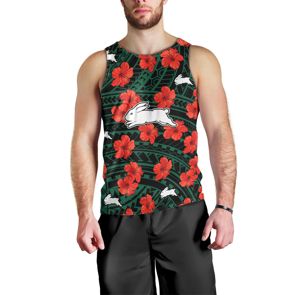 (Custom Text And Number) Rabbitohs Rugby Men Tank Top Polynesian Style With Hibiscus - Vibe Hoodie Shop