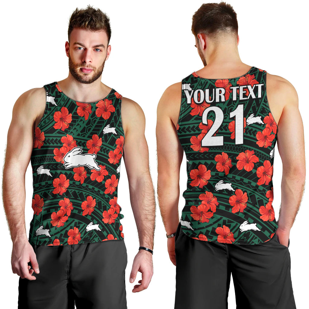 (Custom Text And Number) Rabbitohs Rugby Men Tank Top Polynesian Style With Hibiscus - Vibe Hoodie Shop