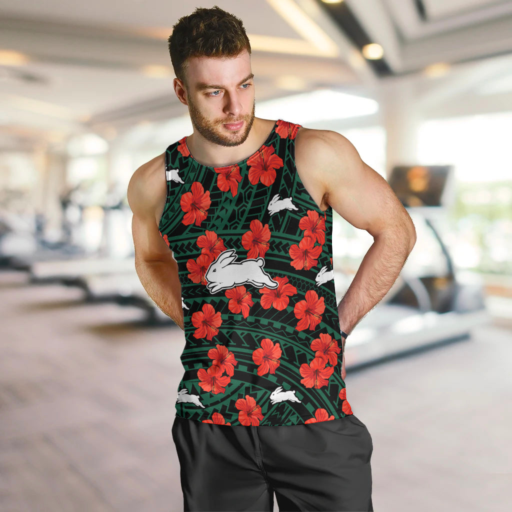 (Custom Text And Number) Rabbitohs Rugby Men Tank Top Polynesian Style With Hibiscus - Vibe Hoodie Shop