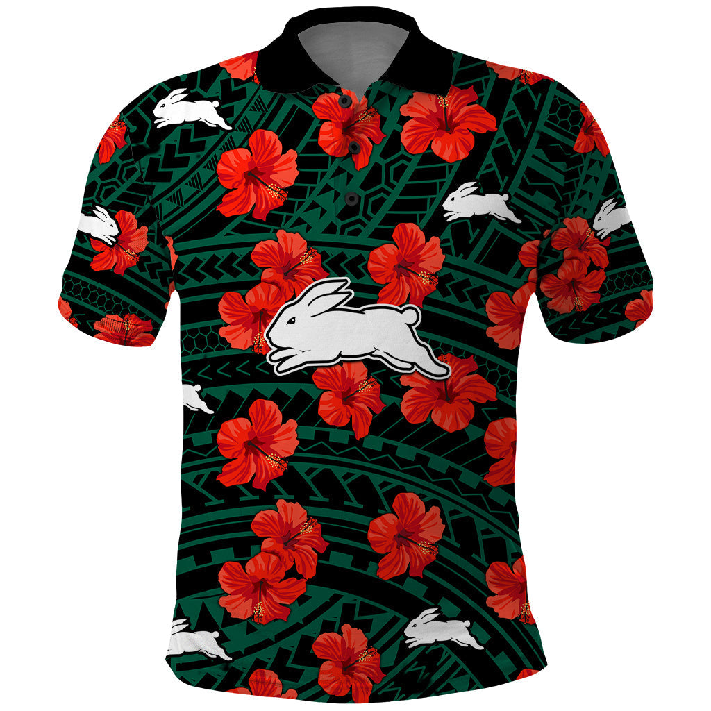 (Custom Text And Number) Rabbitohs Rugby Polo Shirt Polynesian Style With Hibiscus LT9 - Vibe Hoodie Shop