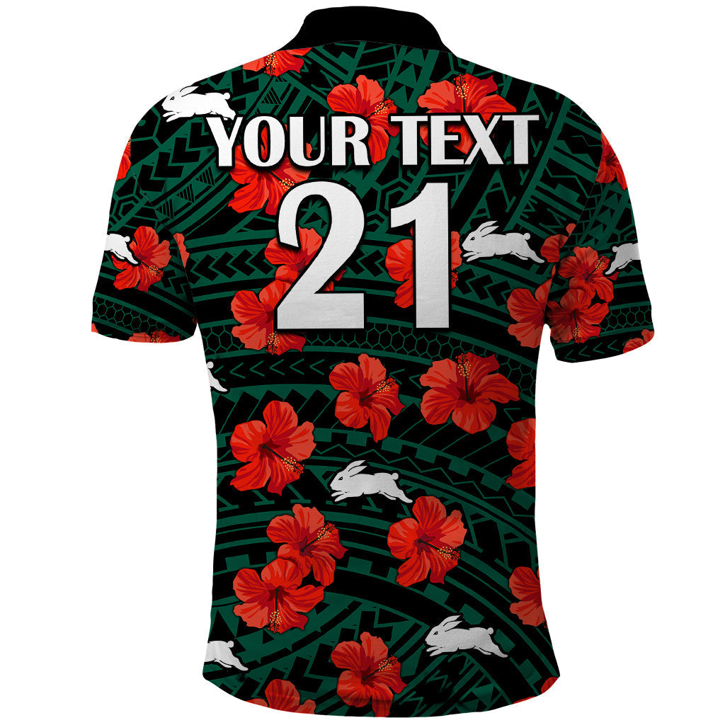 (Custom Text And Number) Rabbitohs Rugby Polo Shirt Polynesian Style With Hibiscus LT9 - Vibe Hoodie Shop
