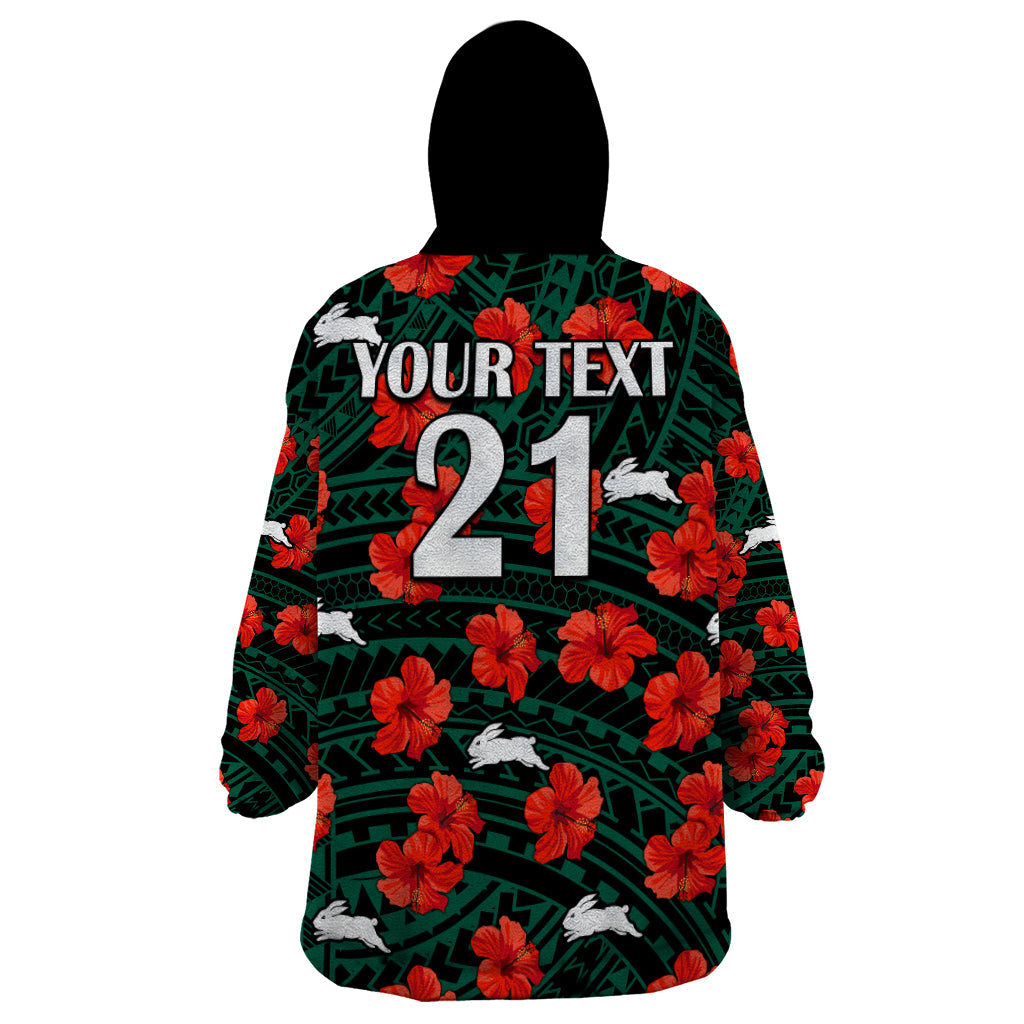 (Custom Text And Number) Rabbitohs Rugby Wearable Blanket Hoodie Polynesian Style With Hibiscus - Vibe Hoodie Shop