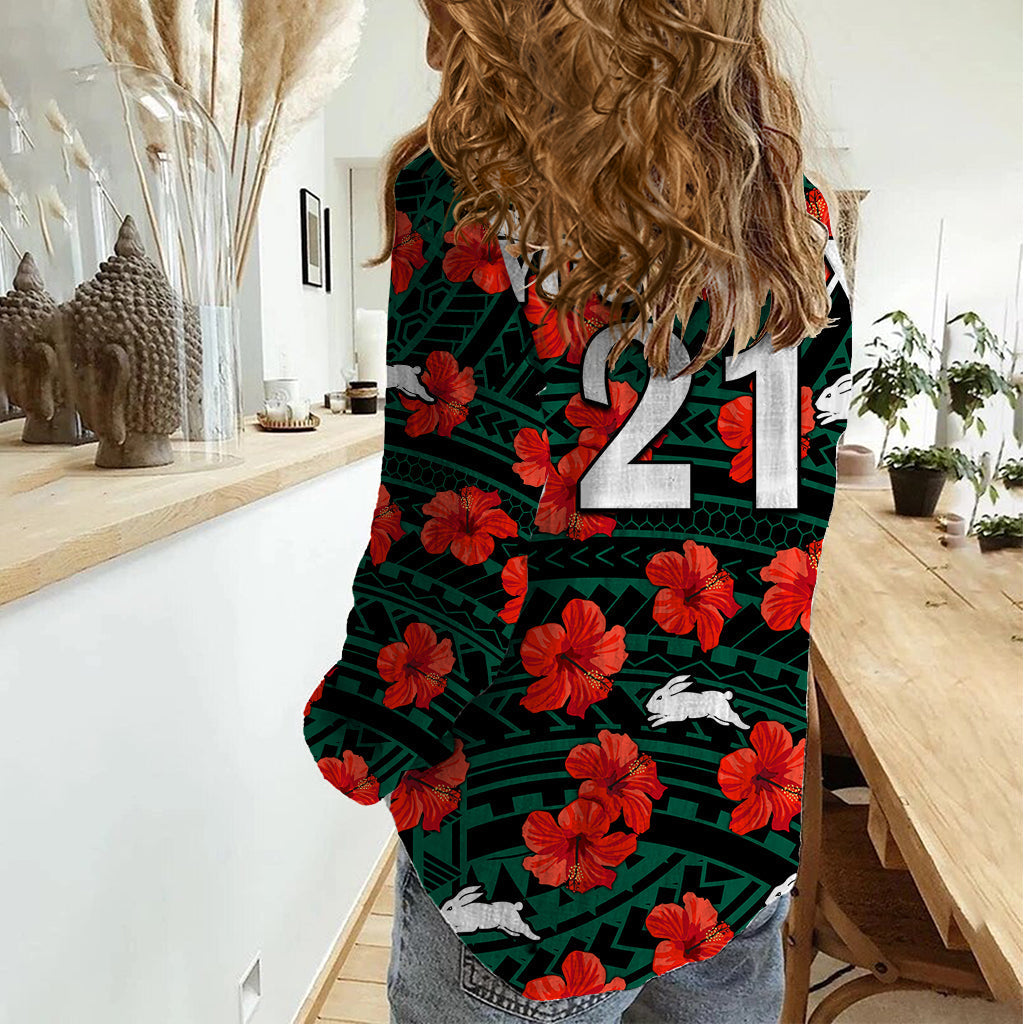 (Custom Text And Number) Rabbitohs Rugby Women Casual Shirt Polynesian Style With Hibiscus - Vibe Hoodie Shop