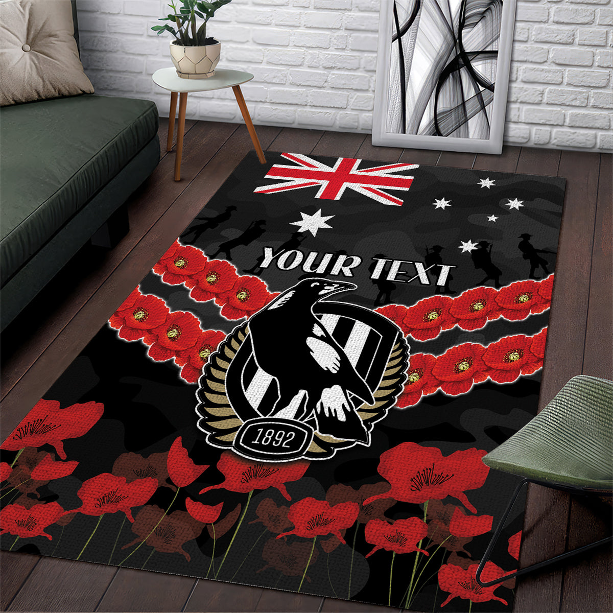 Custom Magpies Football Area Rug ANZAC Lest We Forget - Vibe Hoodie Shop