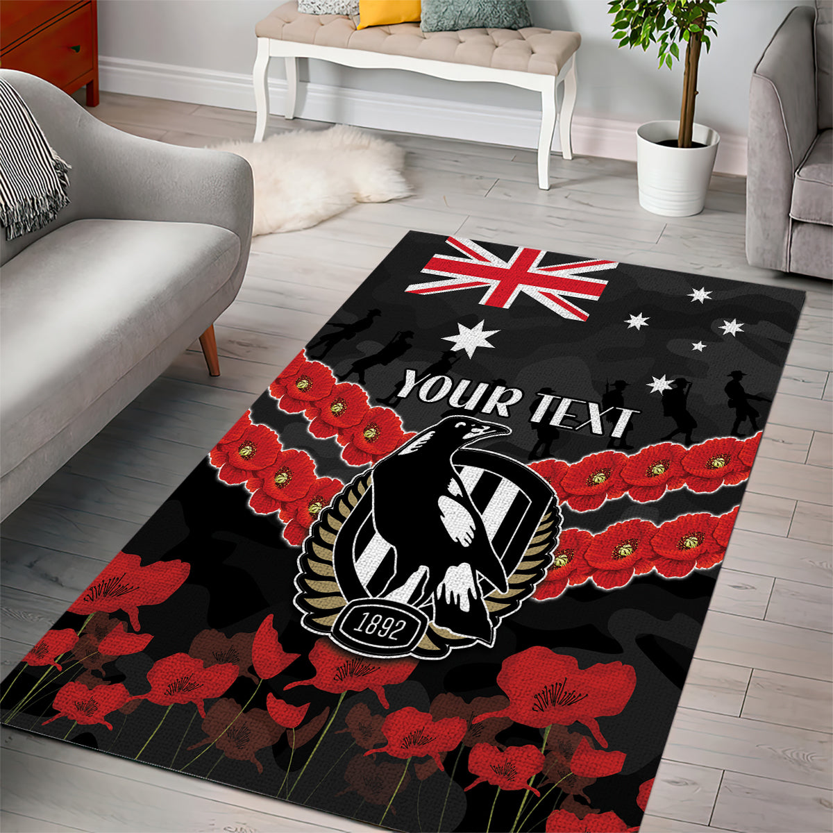 Custom Magpies Football Area Rug ANZAC Lest We Forget - Vibe Hoodie Shop