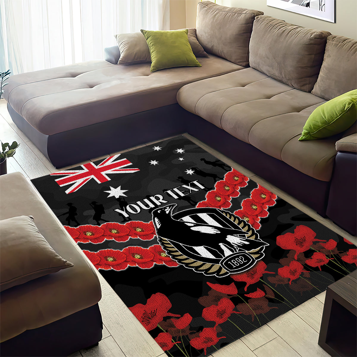 Custom Magpies Football Area Rug ANZAC Lest We Forget - Vibe Hoodie Shop