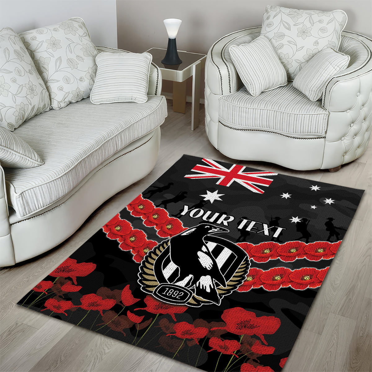 Custom Magpies Football Area Rug ANZAC Lest We Forget - Vibe Hoodie Shop