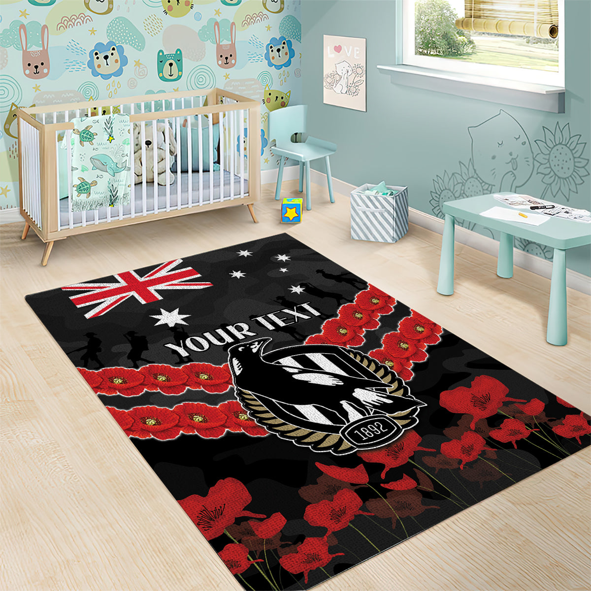 Custom Magpies Football Area Rug ANZAC Lest We Forget - Vibe Hoodie Shop