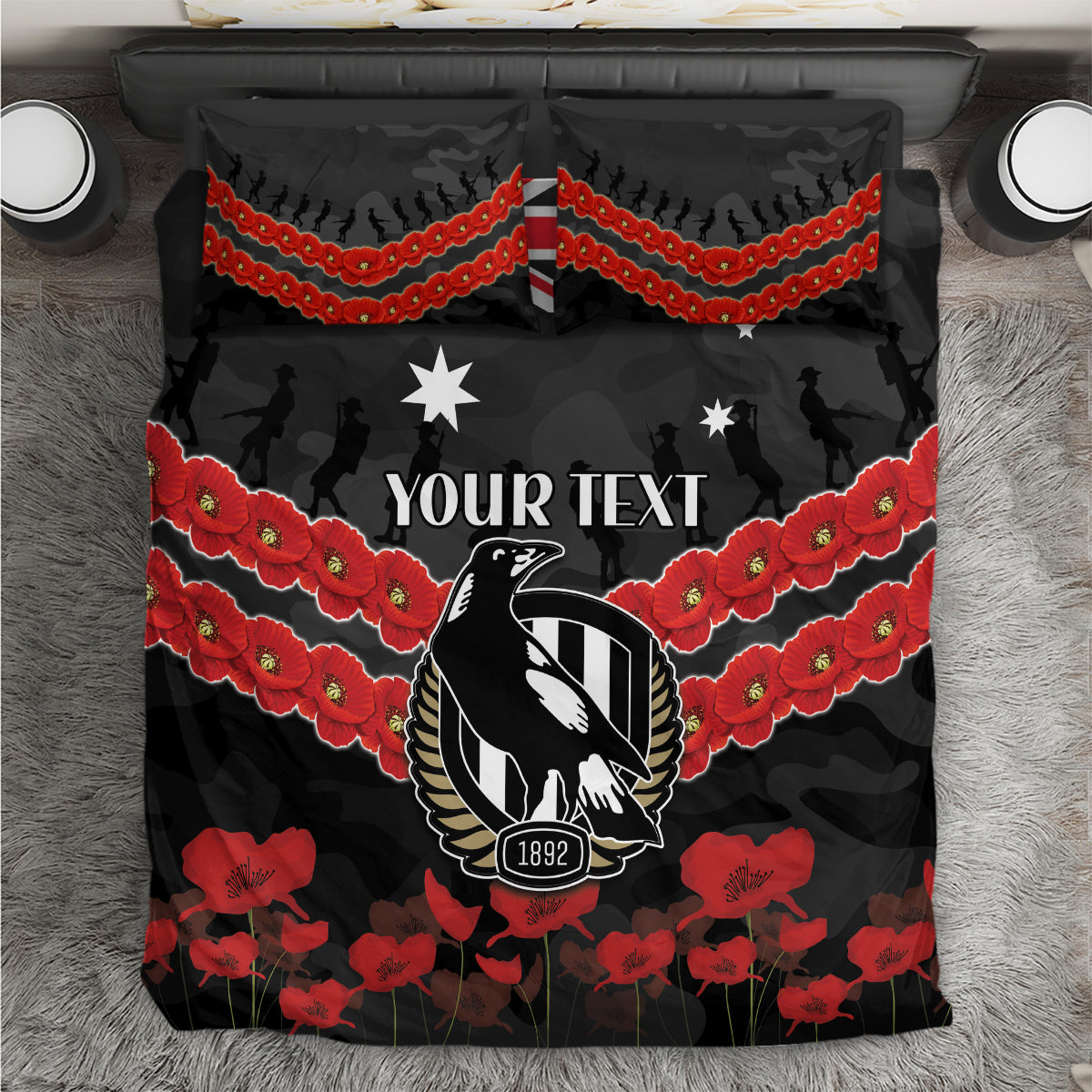 Custom Magpies Football Bedding Set ANZAC Lest We Forget - Vibe Hoodie Shop