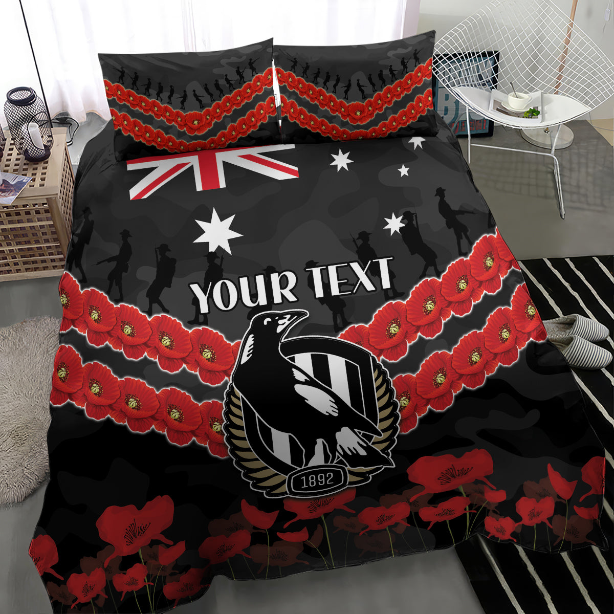 Custom Magpies Football Bedding Set ANZAC Lest We Forget - Vibe Hoodie Shop