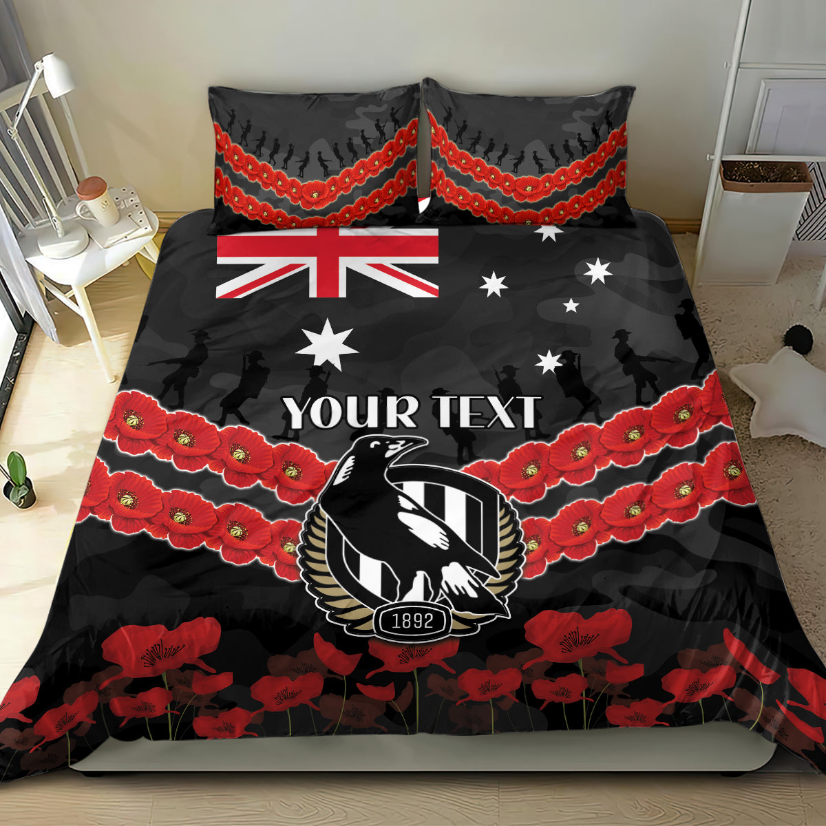 Custom Magpies Football Bedding Set ANZAC Lest We Forget - Vibe Hoodie Shop