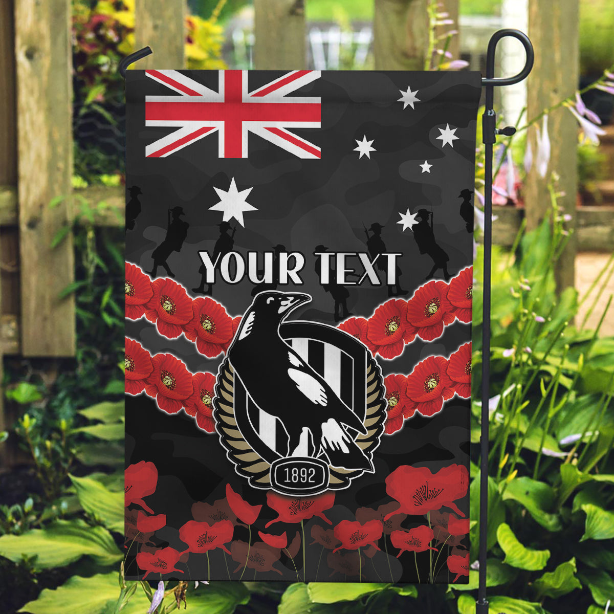 Custom Magpies Football Garden Flag ANZAC Lest We Forget - Vibe Hoodie Shop