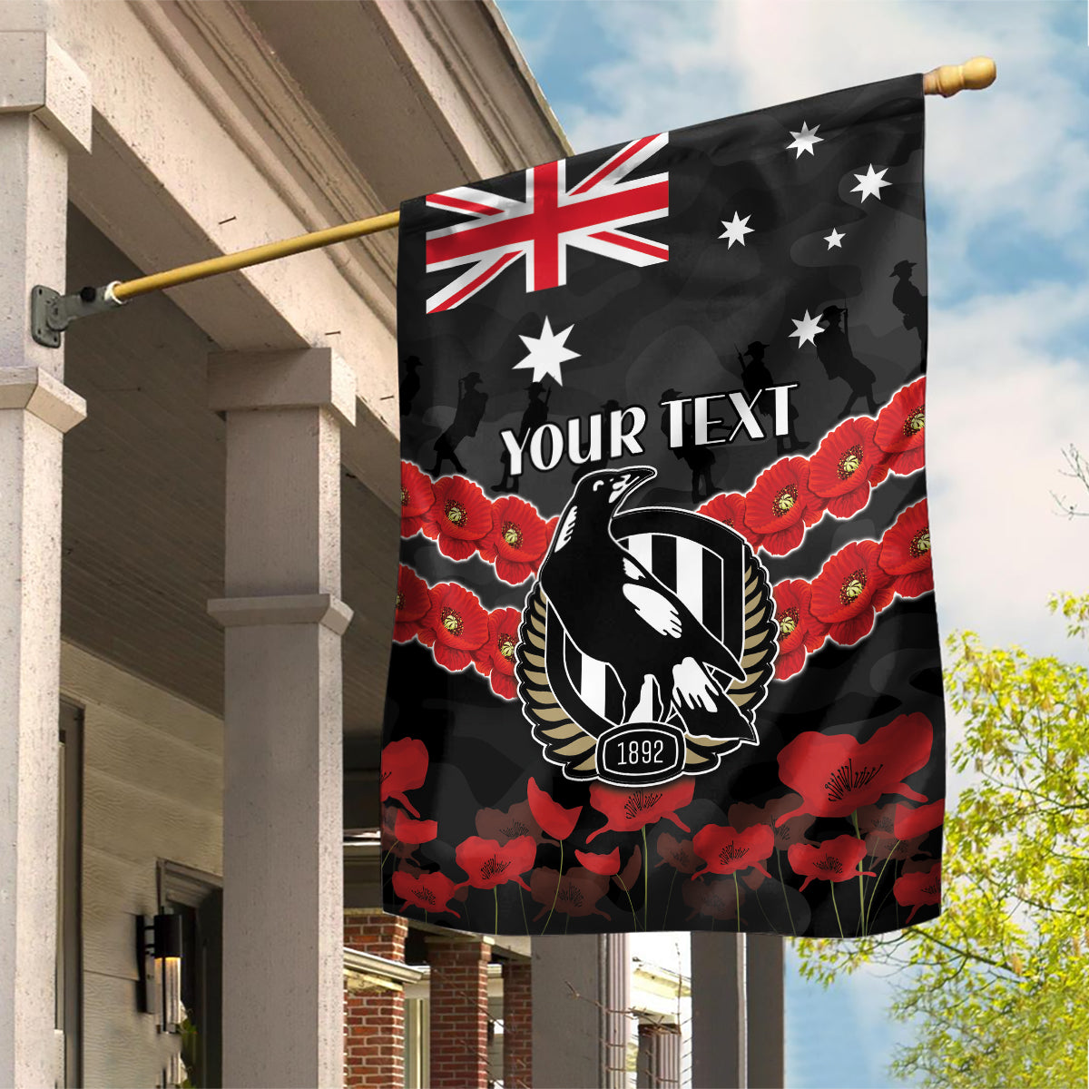 Custom Magpies Football Garden Flag ANZAC Lest We Forget - Vibe Hoodie Shop