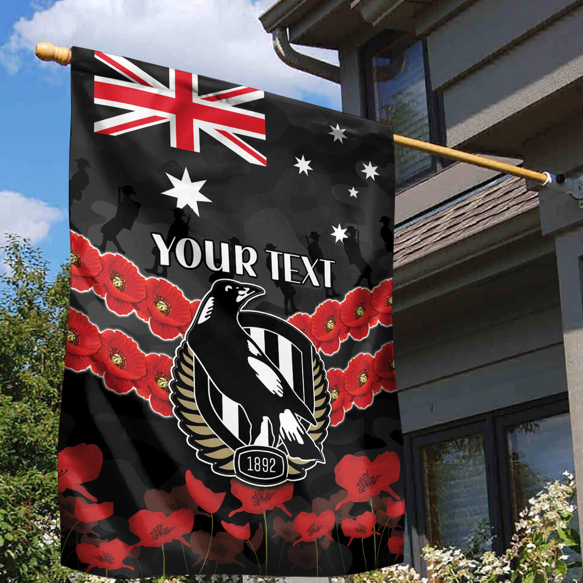 Custom Magpies Football Garden Flag ANZAC Lest We Forget - Vibe Hoodie Shop