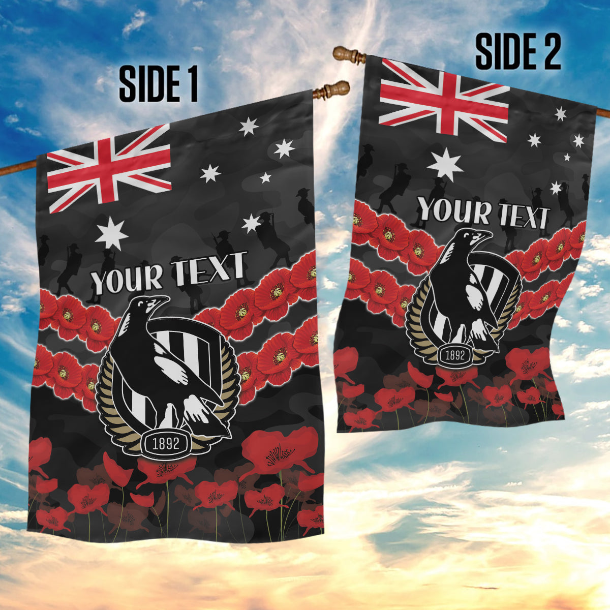 Custom Magpies Football Garden Flag ANZAC Lest We Forget - Vibe Hoodie Shop