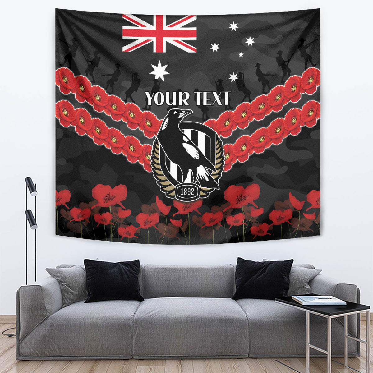 Custom Magpies Football Tapestry ANZAC Lest We Forget - Vibe Hoodie Shop