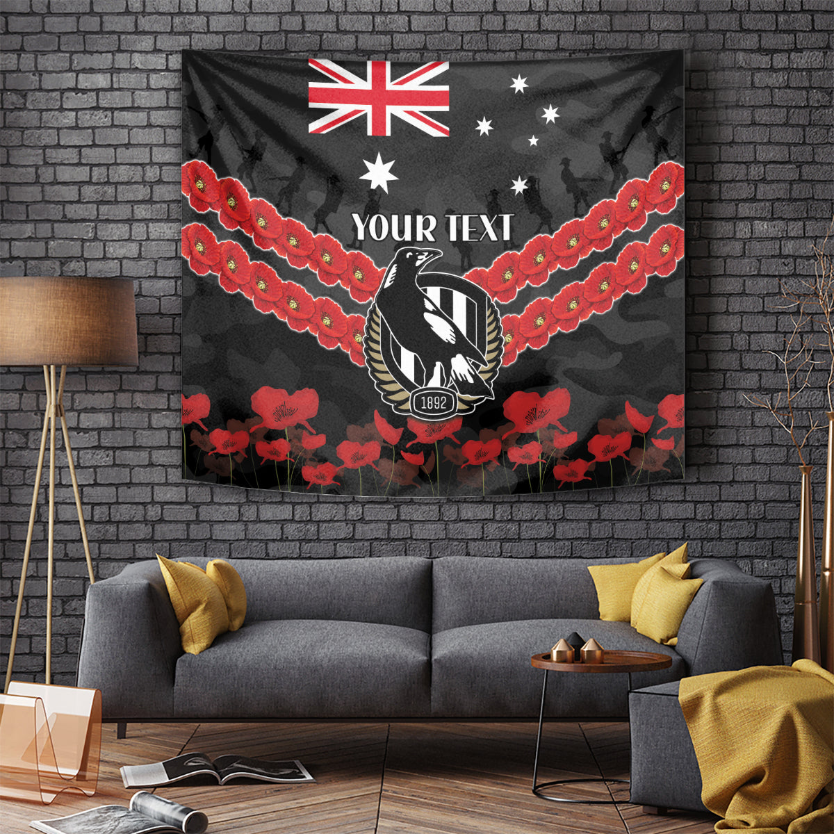 Custom Magpies Football Tapestry ANZAC Lest We Forget - Vibe Hoodie Shop