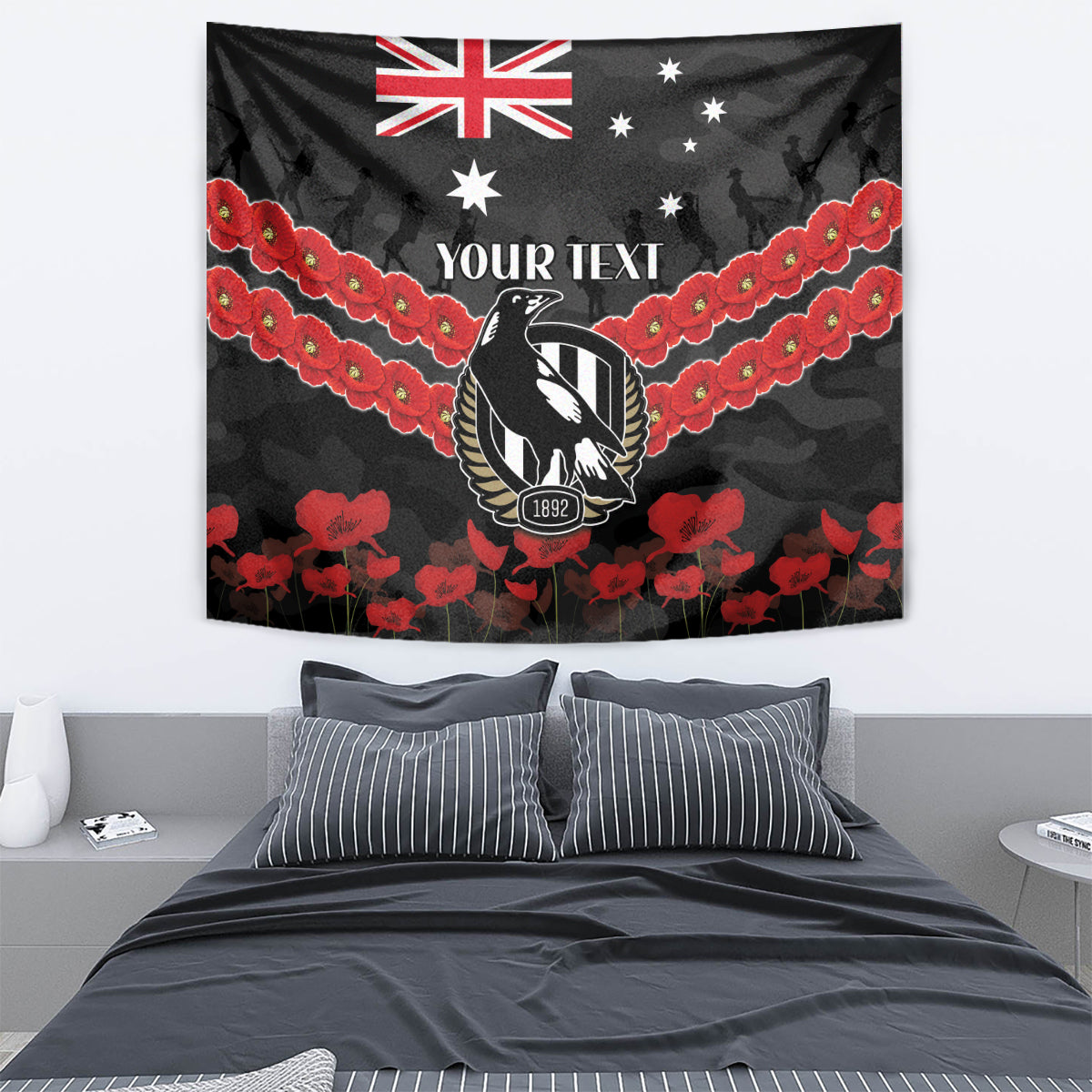 Custom Magpies Football Tapestry ANZAC Lest We Forget - Vibe Hoodie Shop