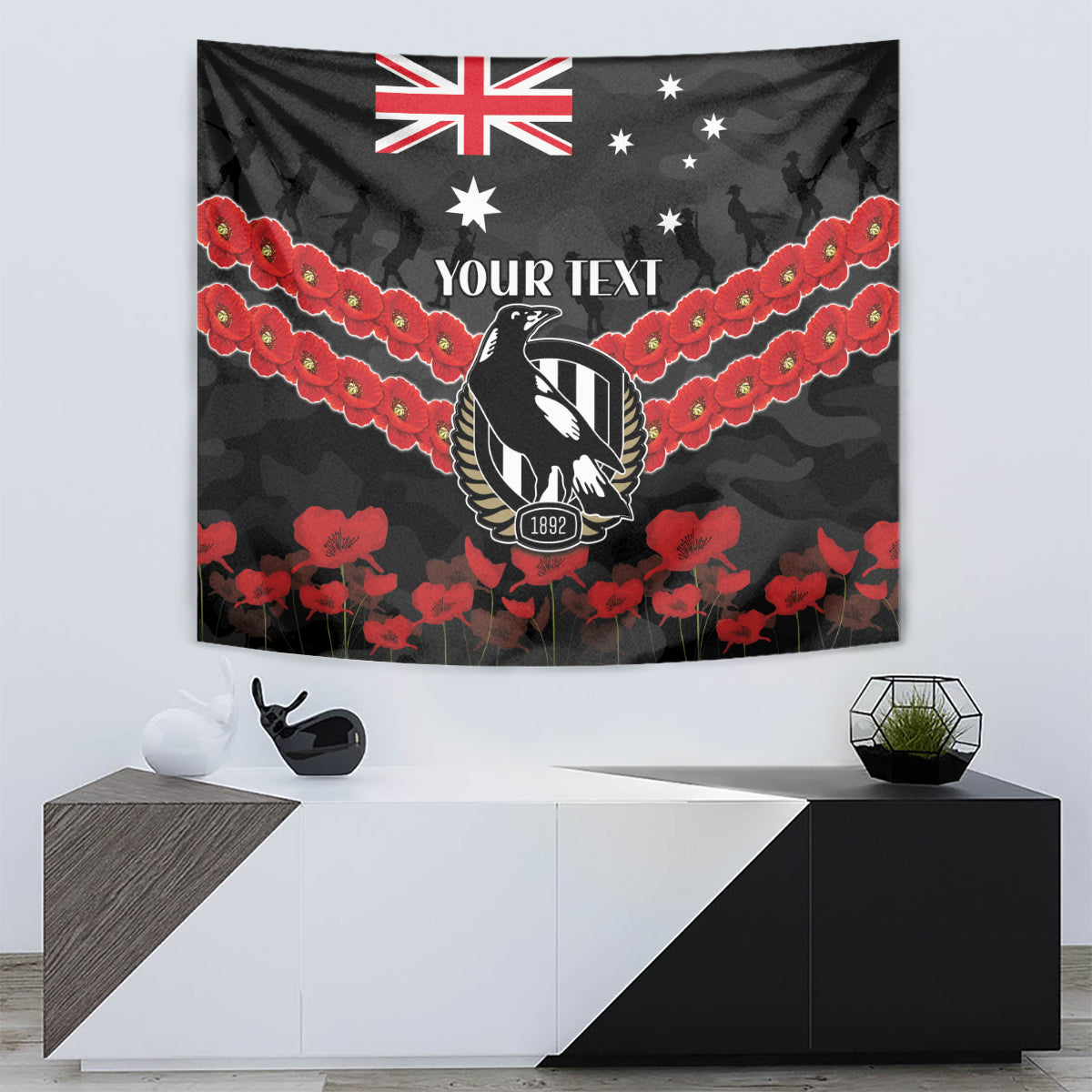 Custom Magpies Football Tapestry ANZAC Lest We Forget - Vibe Hoodie Shop