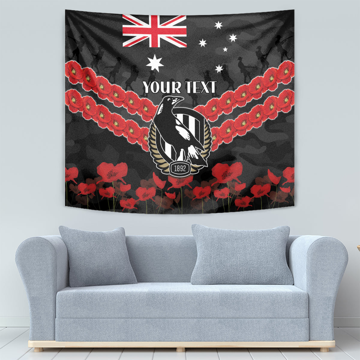 Custom Magpies Football Tapestry ANZAC Lest We Forget - Vibe Hoodie Shop