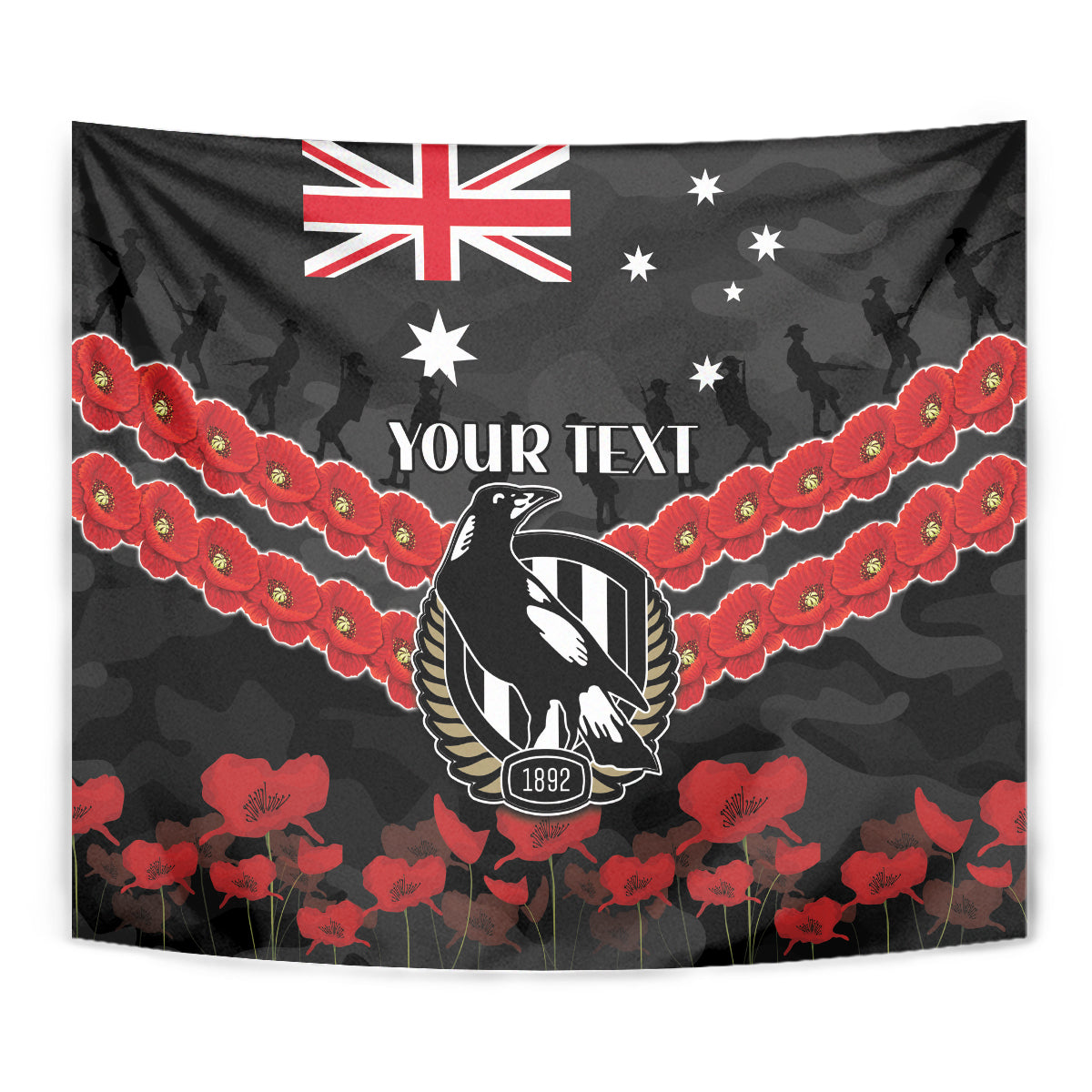 Custom Magpies Football Tapestry ANZAC Lest We Forget - Vibe Hoodie Shop